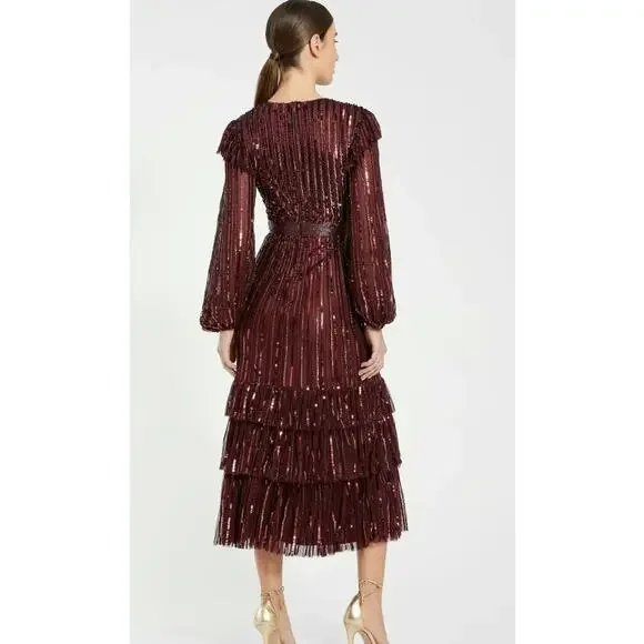 Mac Duggal 23003 Burgundy Sequin Midi Ruffle Long Sleeve Formal Gown 12